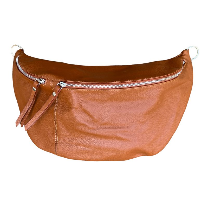 Italian Leather Large Crescent Handbag in Dark Tan PM503 front