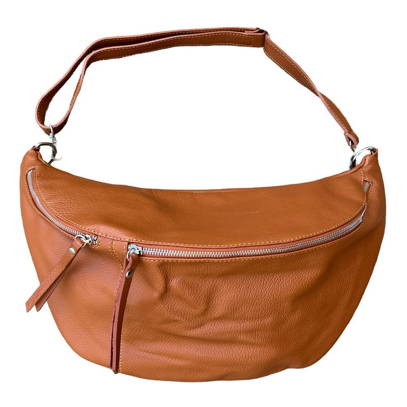Italian Leather Large Crescent Handbag in Dark Tan PM503 with strap