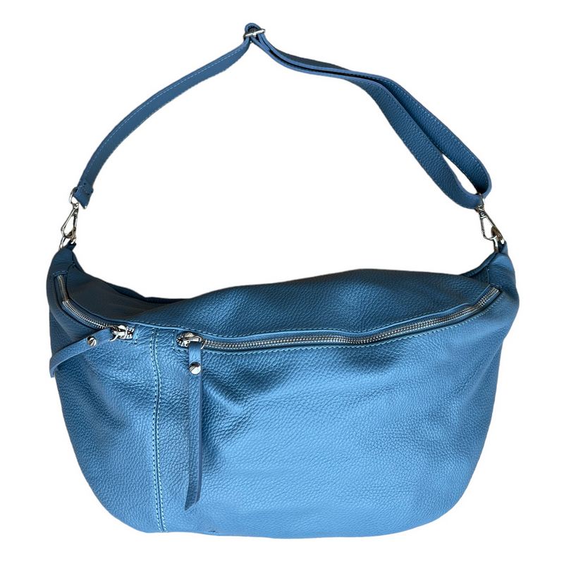 Italian Leather Large Crescent Handbag in Denim Blue PM503 front