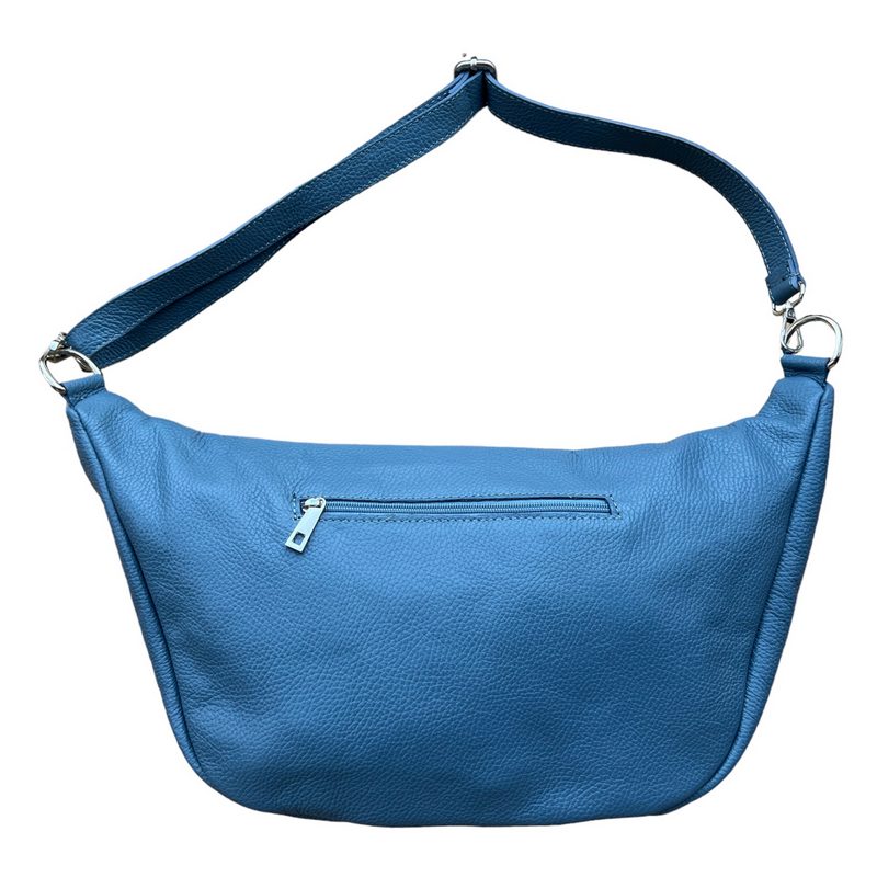 Italian Leather Large Crescent Handbag in Denim Blue PM503 rear