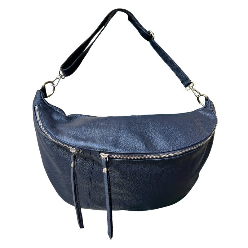 Italian Leather Large Crescent Handbag in Navy PM503 hanging