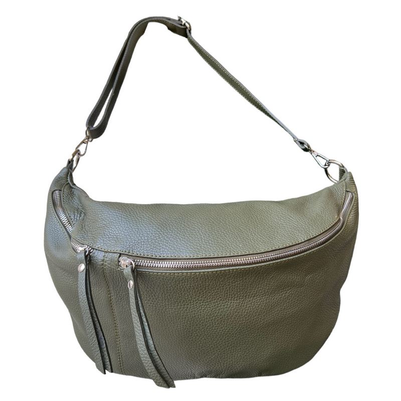 Italian Leather Large Crescent Handbag in Olive Green PM503 with strap hanging