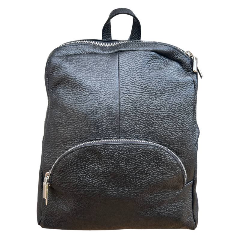 Italian Leather Medium Backpack in Black PL216 front