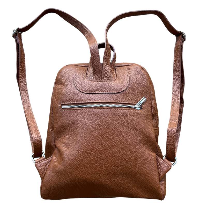 Italian Leather Medium Backpack in Dark Tan PL216 back with straps