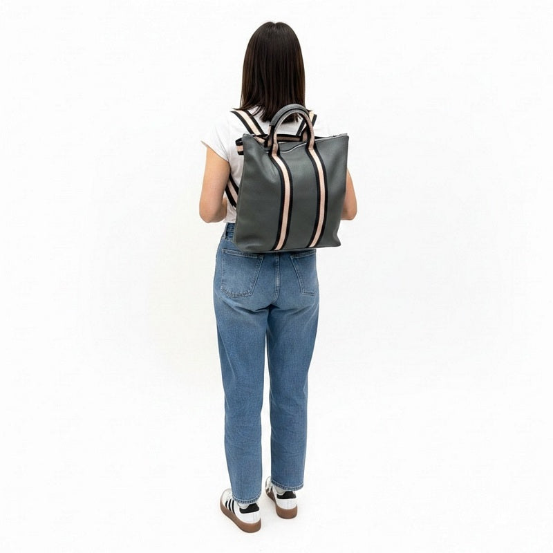 Italian Leather Multi Shoulder and Backpack in Dark Grey on model as backpack