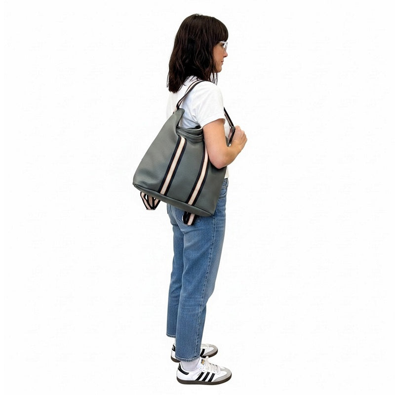 Italian Leather Multi Shoulder and Backpack in Dark Grey on model over shoulder