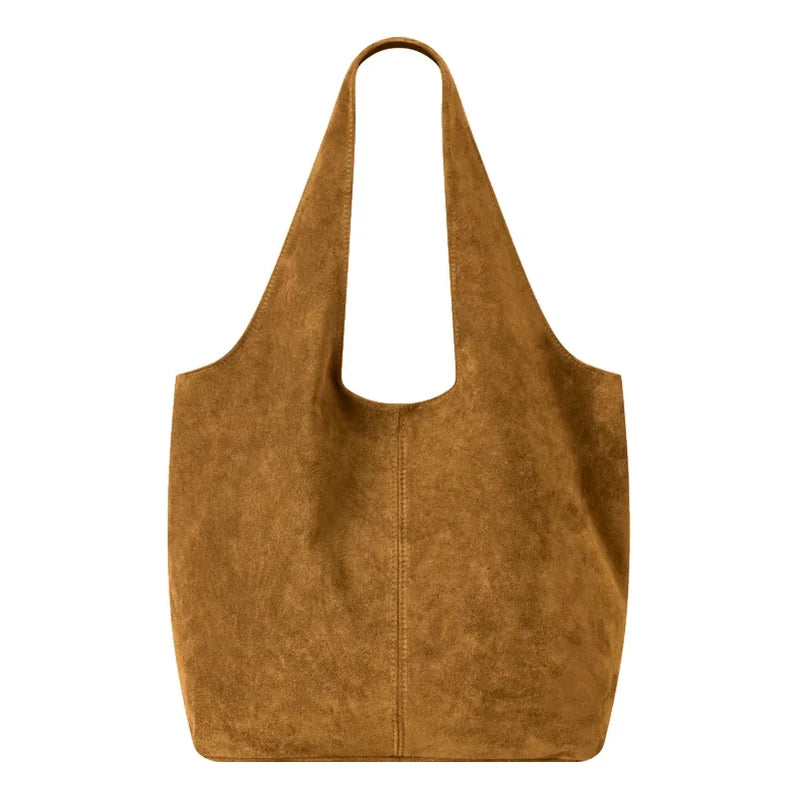 Italian Leather Suede Shoulder Tote Bag in Dark Tan