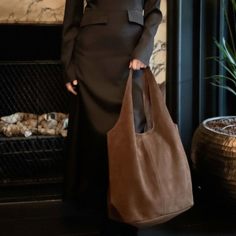 Italian Leather Suede Shoulder Tote Bag in Light Chocolate PL622 model