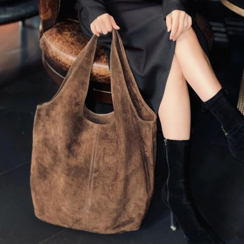 Italian Leather Suede Shoulder Tote Bag in Light Chocolate PL622 model