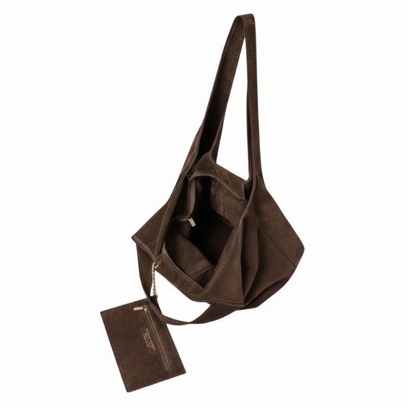 Italian Leather Suede Shoulder Tote Bag in Light Chocolate PL622 open