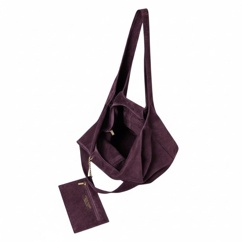 Italian Leather Suede Shoulder Tote Bag Red Plum PL662 open