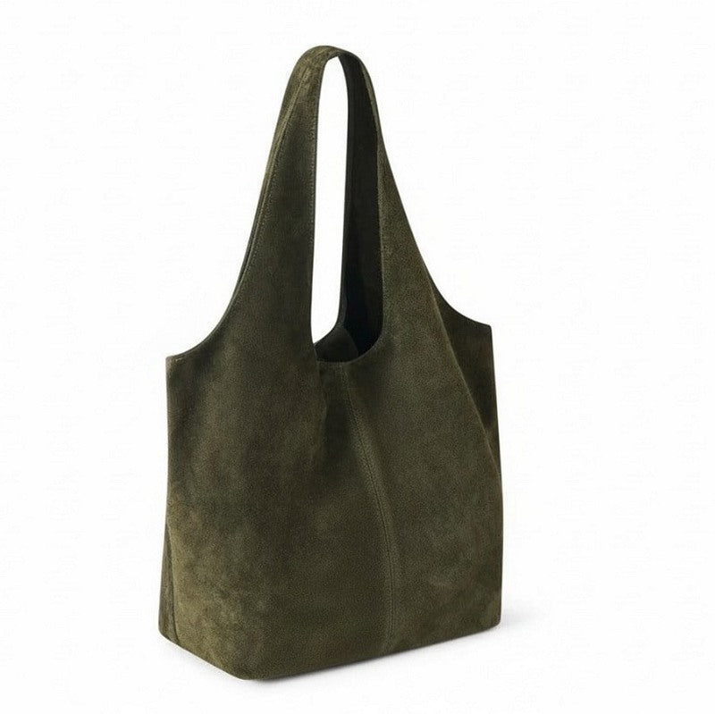 Italian Leather Suede Shoulder Tote Bag in Olive Green PL662 angle