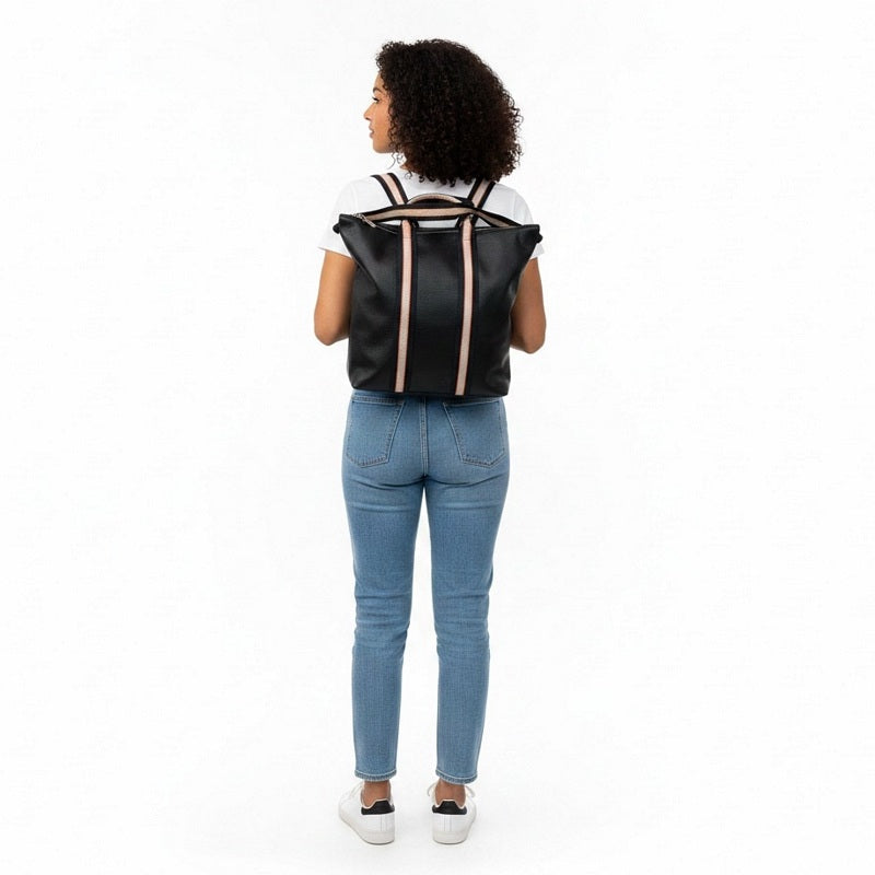Italian Leather Multi Shoulder and Backpack in Black on model's back