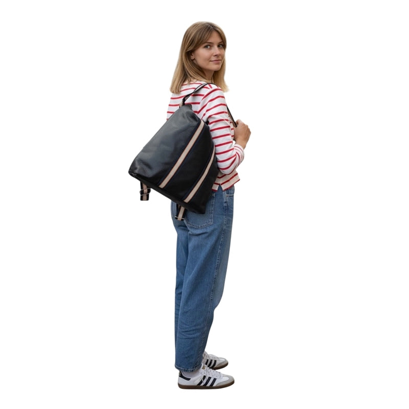 Italian Leather Multi Shoulder and Backpack in Black on model's shoulder