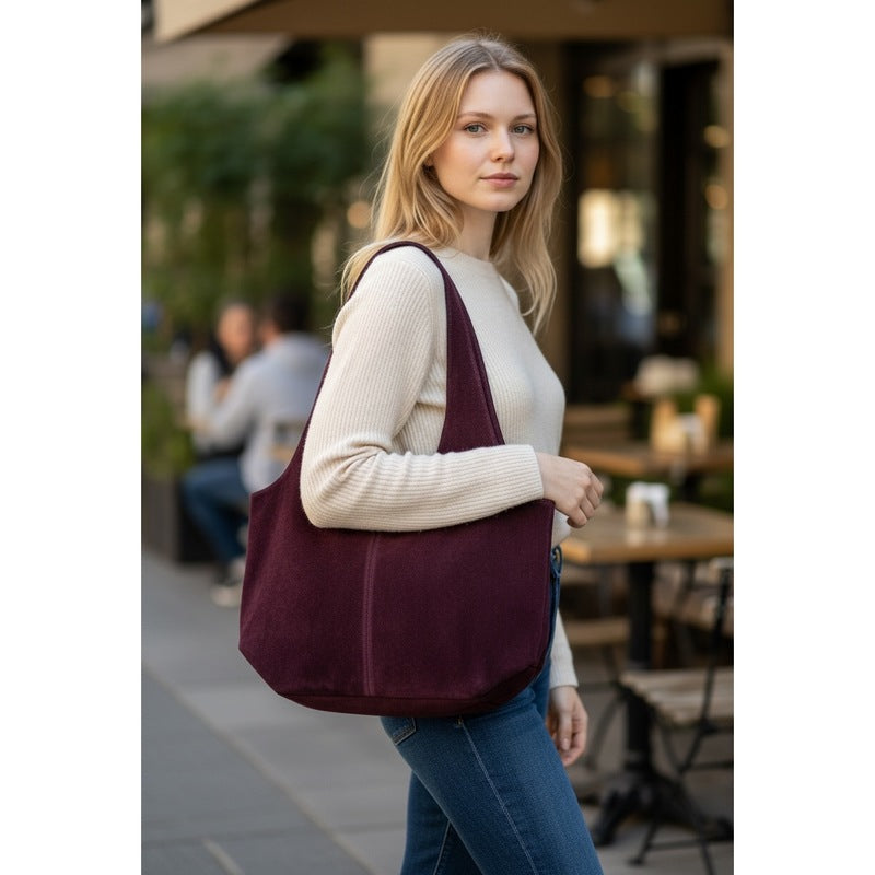 Italian Leather Suede Shoulder Tote Bag Red Plum on model