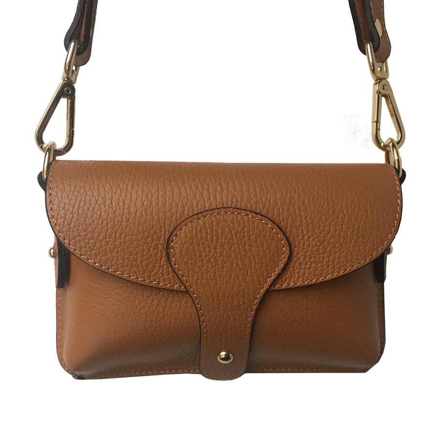 Leather Mini Crossbody Handbag in Camel front