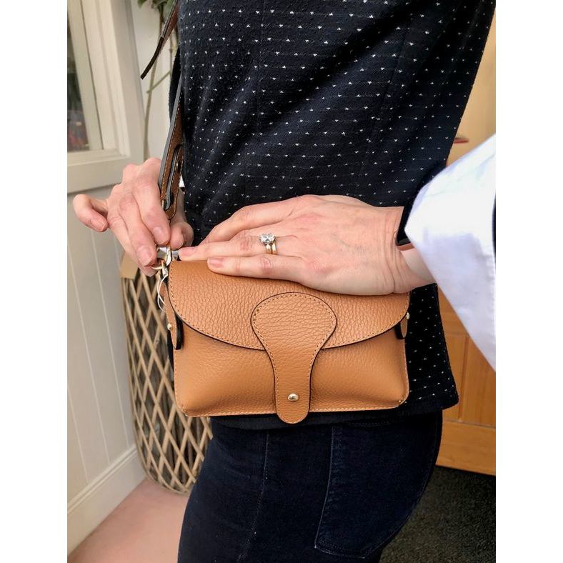 Leather Mini Crossbody Handbag in Camel on model detail