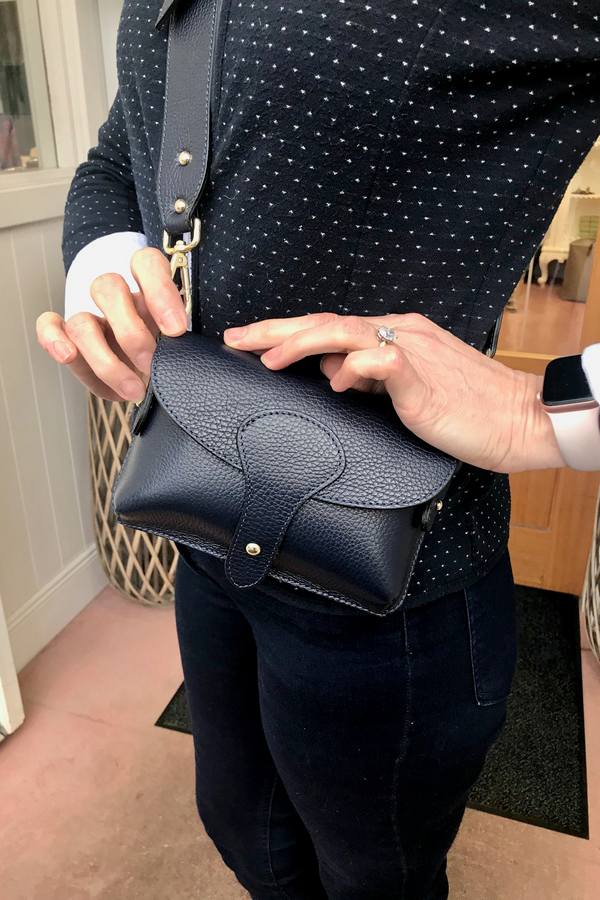 Italian Leather Mini Handbag in Navy PS412 on model