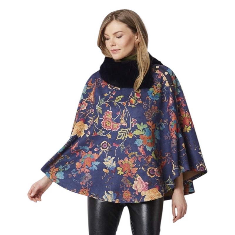Jayley Faux Fur & Suedette Poncho Blue SUXFMP295A-07H on model close-up