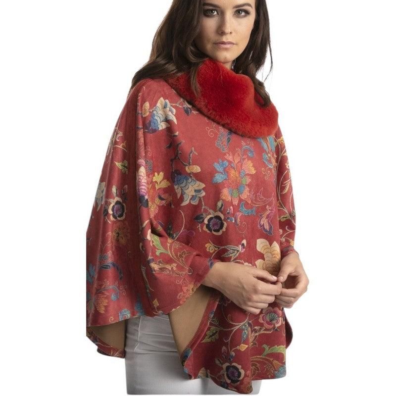 Jayley Faux Fur & Suedette Poncho Red Floral SUXFMP295A-08H on model close-up