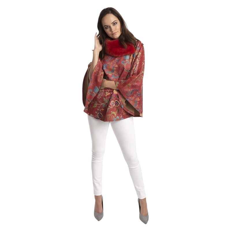 Jayley Faux Fur & Suedette Poncho Red Floral SUXFMP295A-08H on model front
