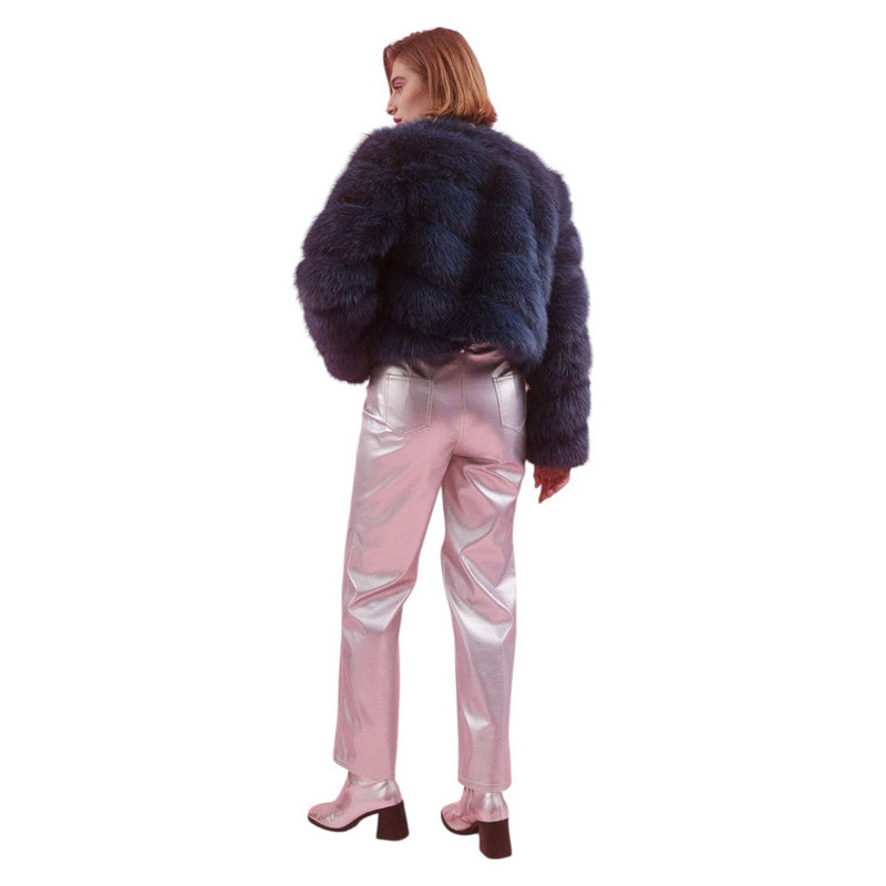 Jayley Handmade Bamboo Lyocell Faux Fur Jacket Slate Blue FMBJ475A-07 on model rear