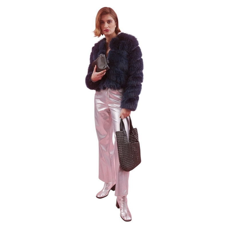 Jayley Handmade Bamboo Lyocell Faux Fur Jacket Slate Blue FMBJ475A-07 on model with bag