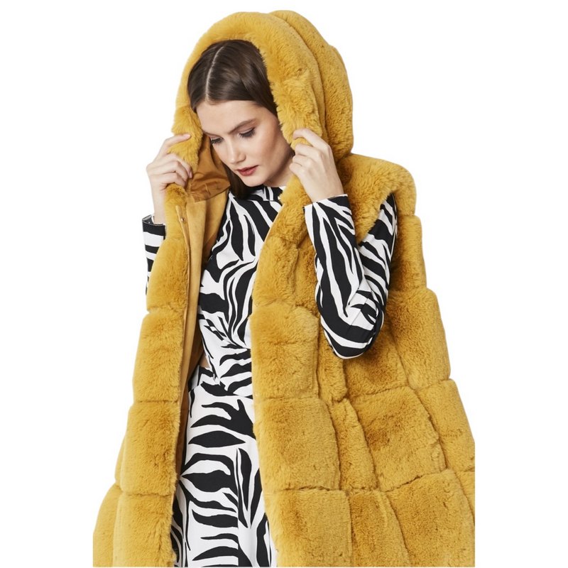 Jayley Sunshine Yellow Faux Fur Long Hooded Gilet FMG55A-0Y on model close-up