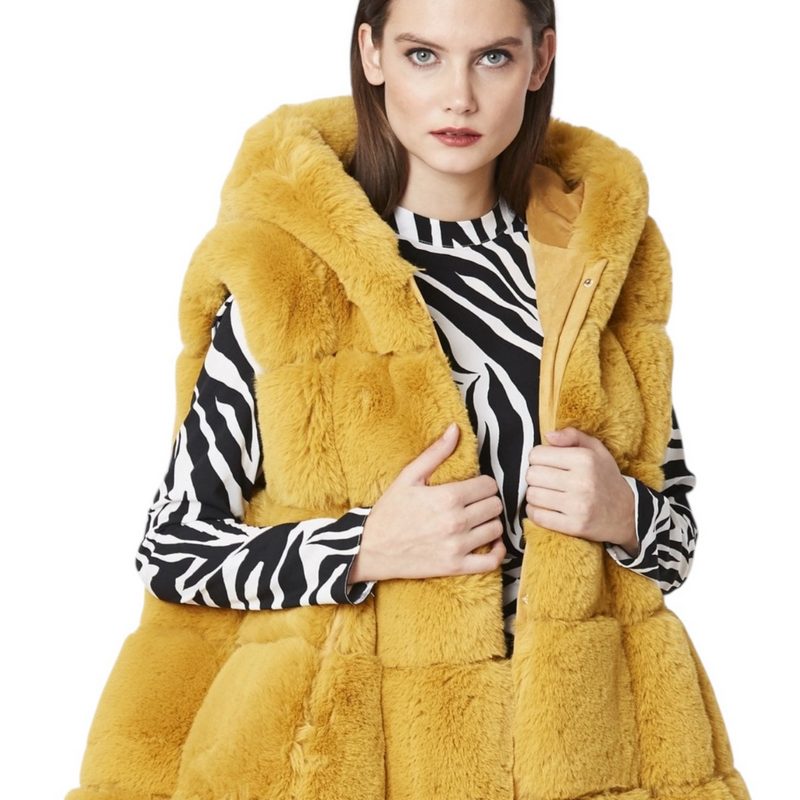 Jayley Sunshine Yellow Faux Fur Long Hooded Gilet FMG55A-0Y on model detail