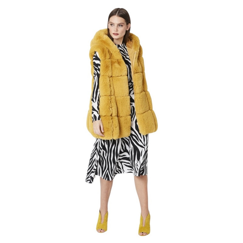Jayley Sunshine Yellow Faux Fur Long Hooded Gilet FMG55A-0Y on model front