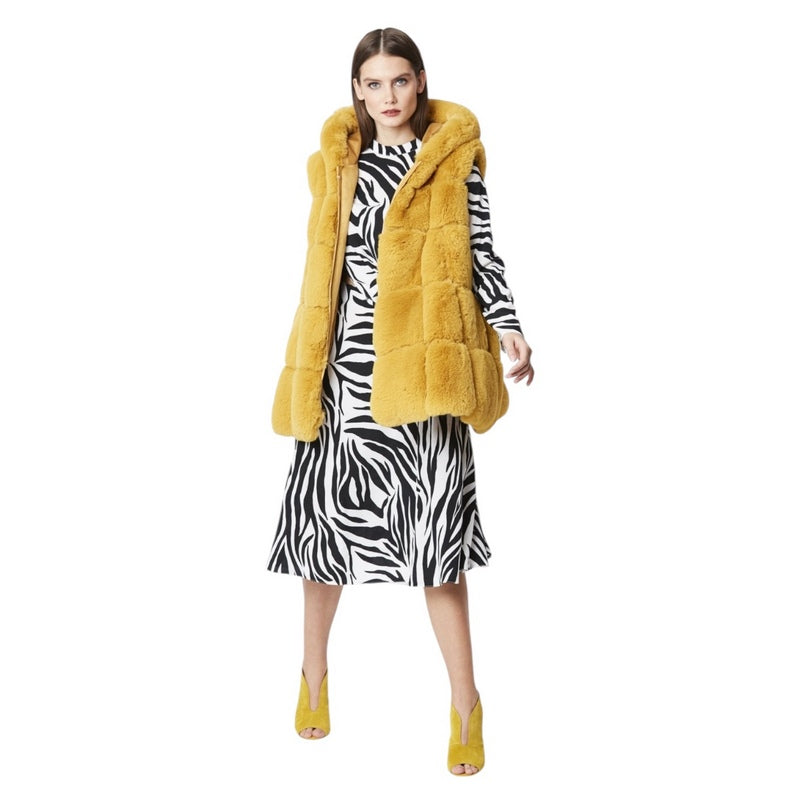 Jayley Sunshine Yellow Faux Fur Long Hooded Gilet FMG55A-0Y on model main