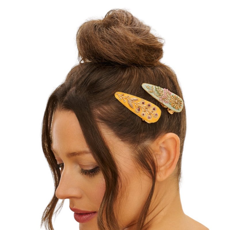 Jewelled Sunflower and Wheat Hairclips Ice and Mustard JEW40 on model