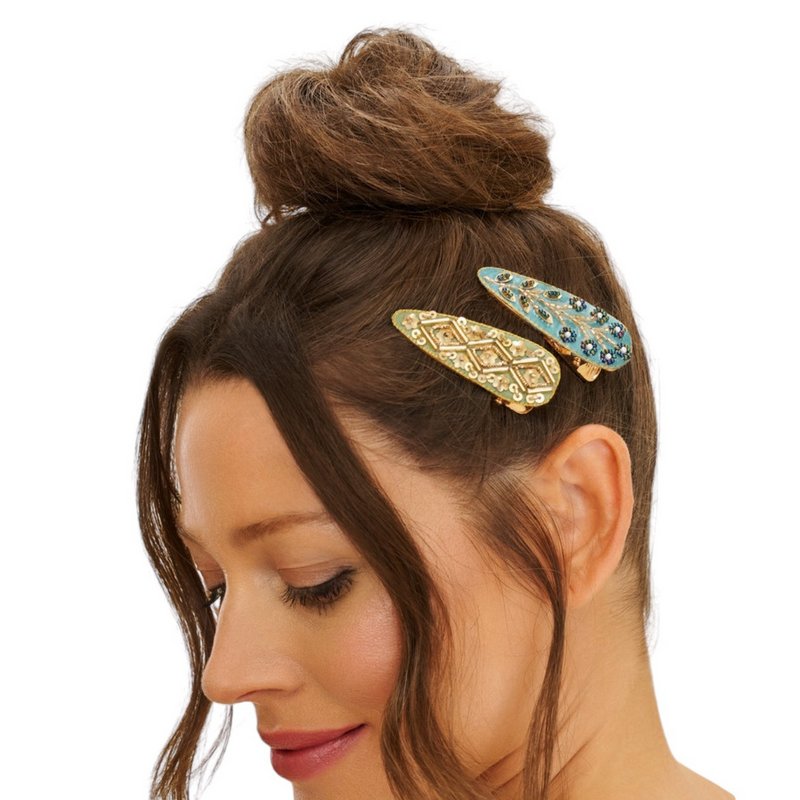 Jewelled Tile and Wheat Hairclips Sage and Teal 2 Pack JEW44 on model