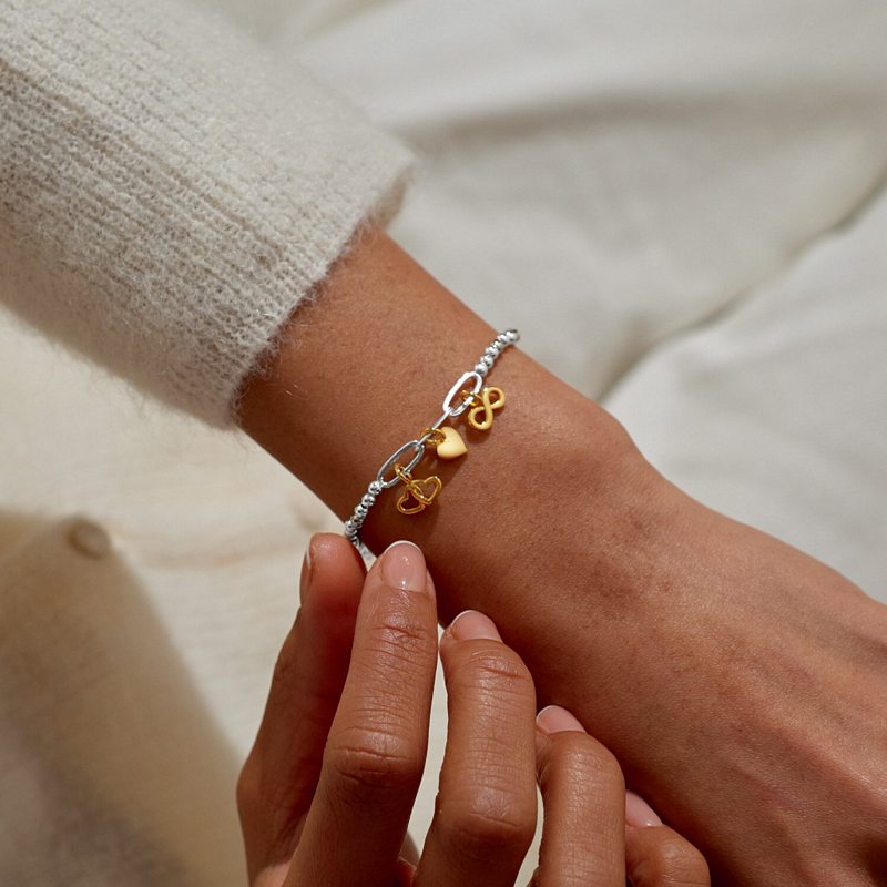 Joma Jewellery Infinity Heart Charms Bracelet Bar Silver & Gold 9365 on model