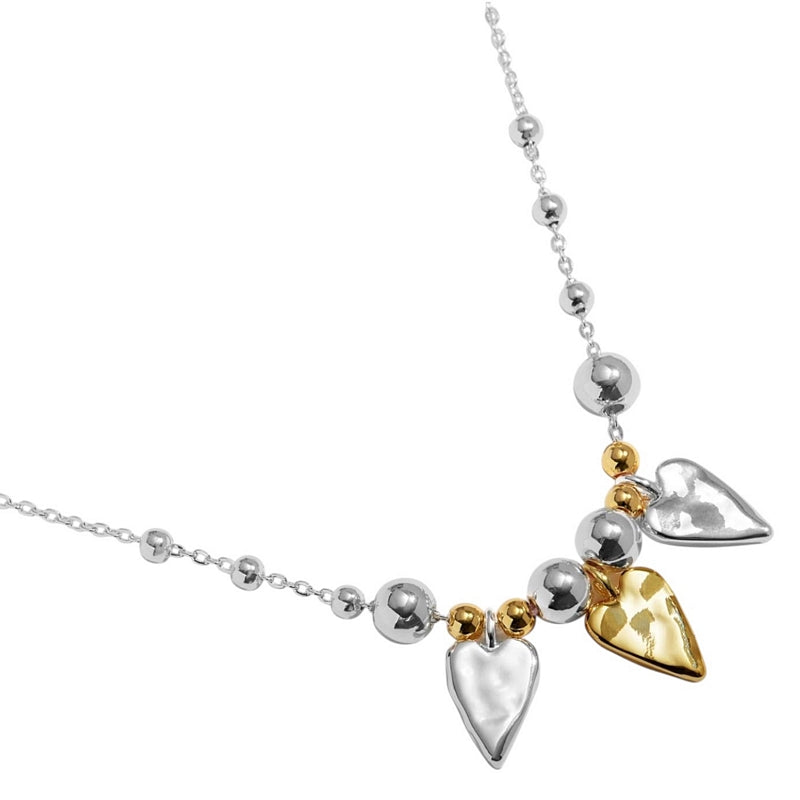 Joma Jewellery Reva Triple Textured Hearts Necklace Silver and Gold 10034 detail