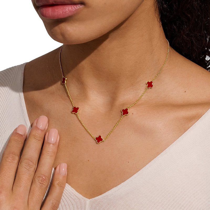 Joma Jewellery Signature Clover Collection Red Clover Necklace Gold 10575 on model
