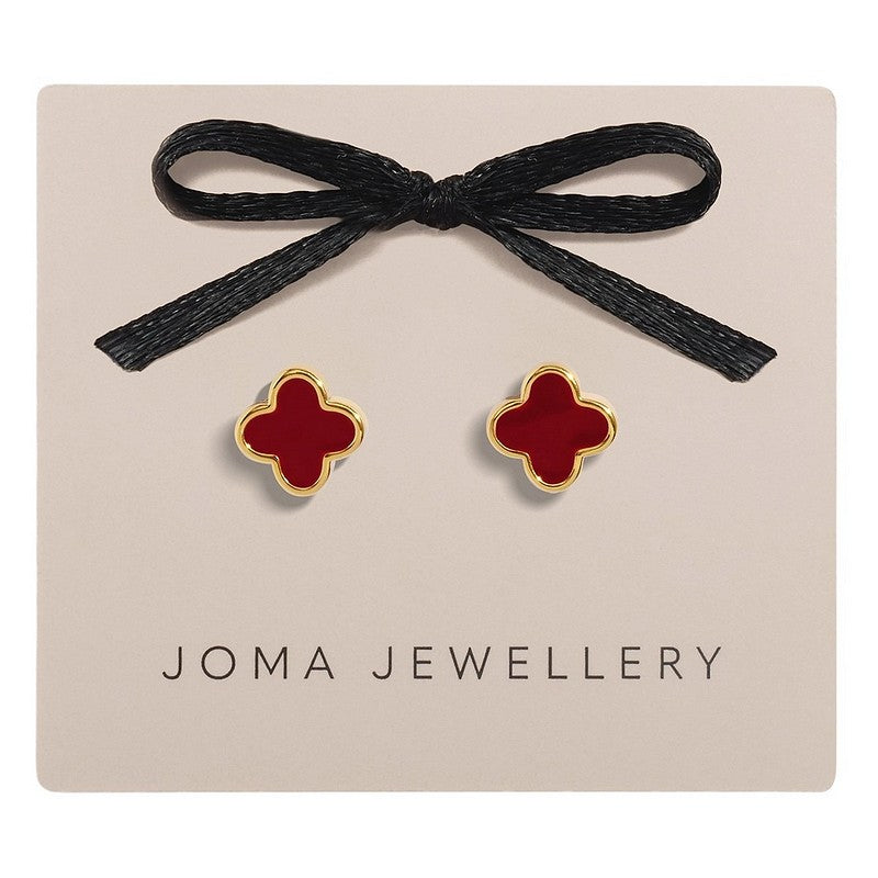 Joma Jewellery Signature Clover Collection Red Clover Stud Earrings Gold 10577 on card