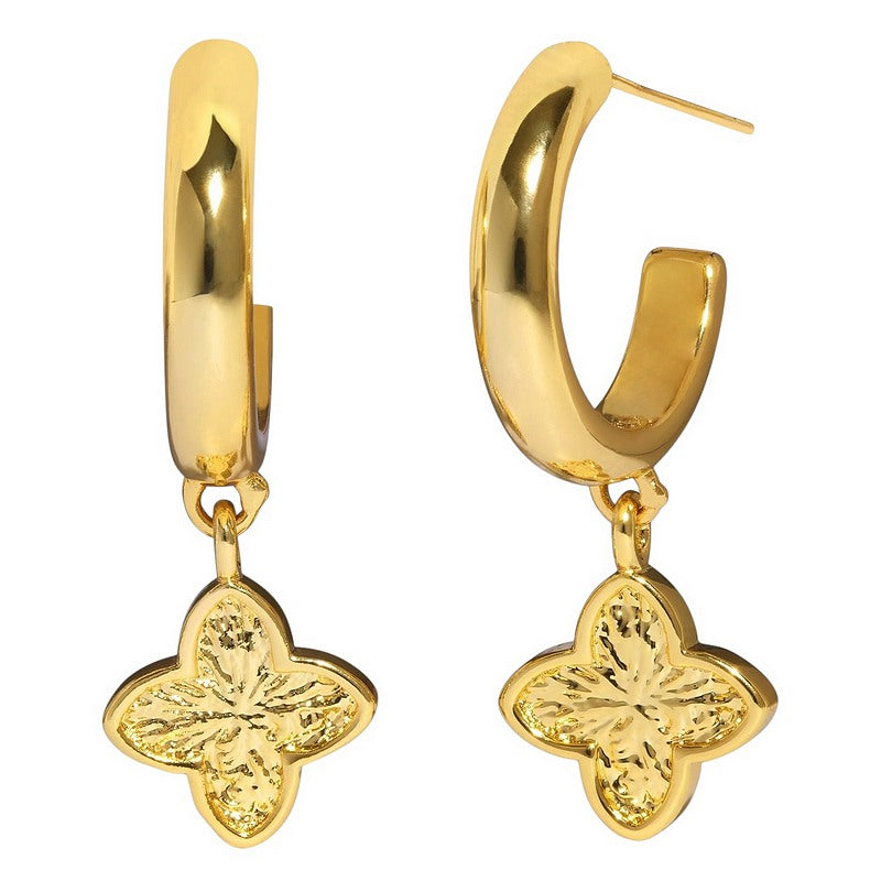 Joma Jewellery Signature Clover Collection Textured Clover Hoop Earrings Gold 10583 front and side