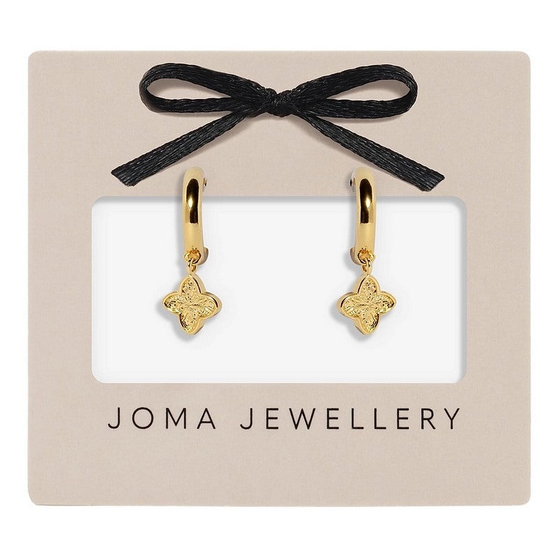 Joma Jewellery Signature Clover Collection Textured Clover Hoop Earrings Gold 10583 on card