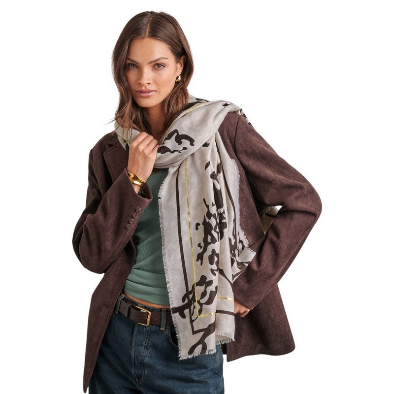 Katie Loxton Animal Print Foil Scarf in Light Taupe, Chocolate and Gold KLS764 on model
