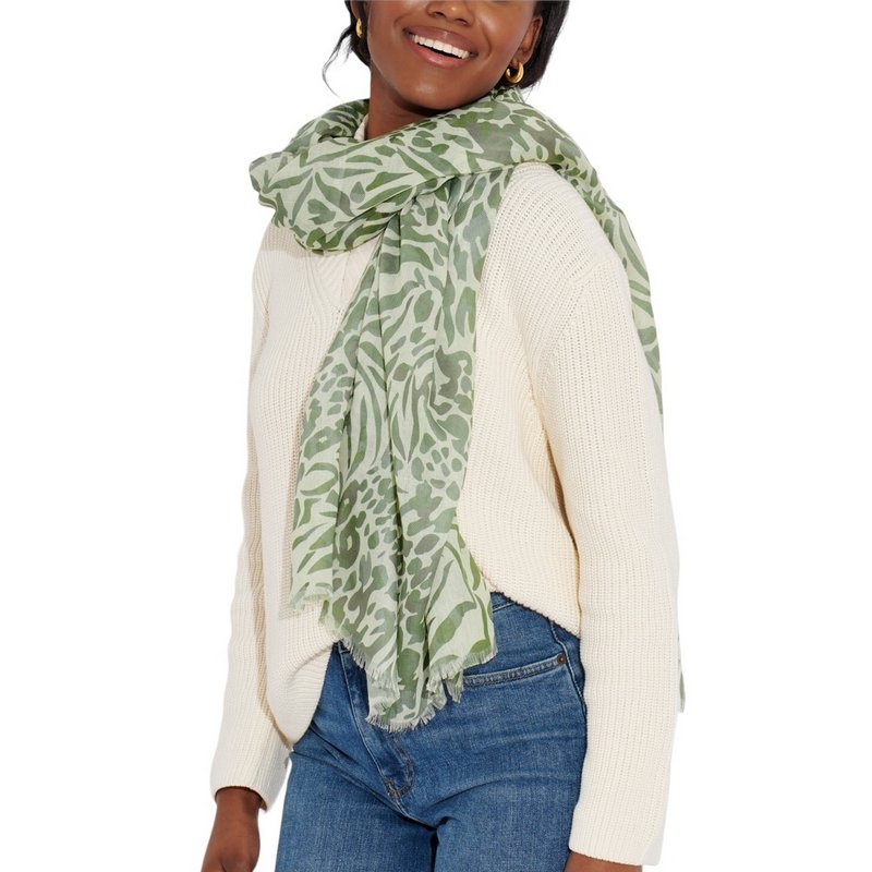 Katie Loxton Animal Print Scarf in Off White & Olive KLS496 on model