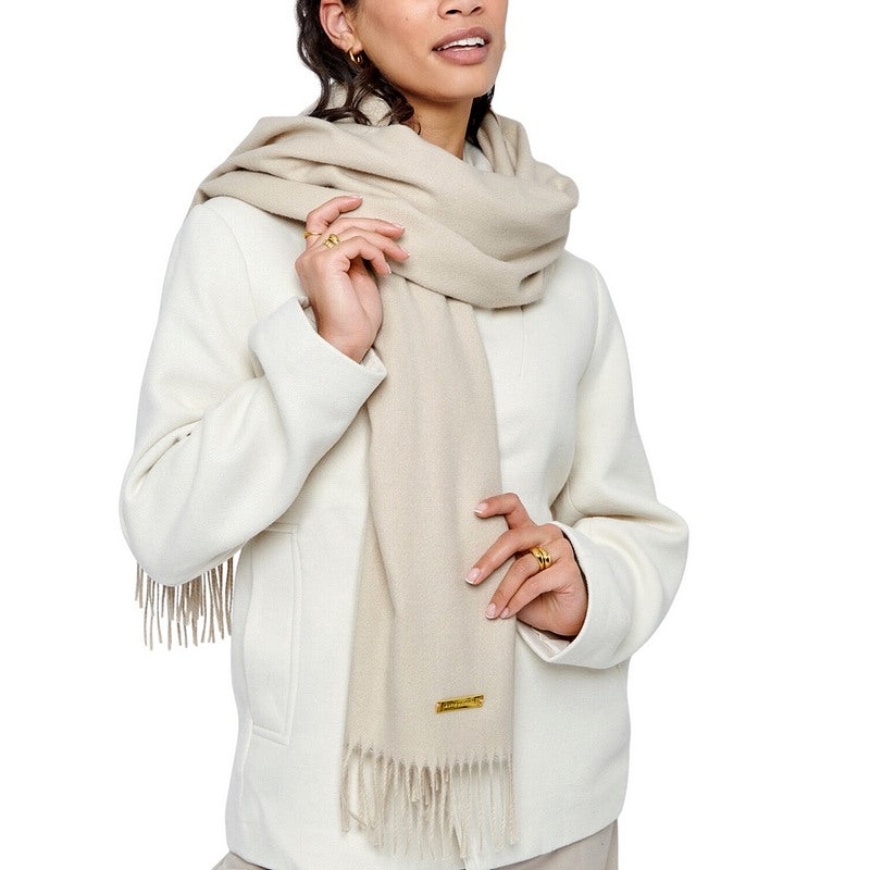 Katie Loxton Blanket Scarf in Light Sand KLS615 on model