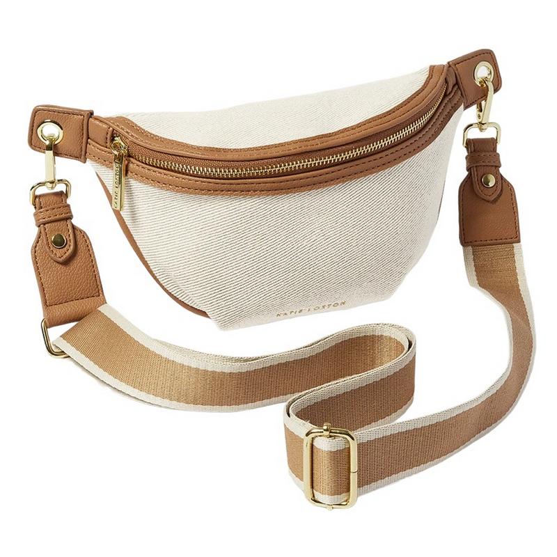 Katie Loxton Capri Canvas Belt Bag in Tan and Off White KLB3382 front