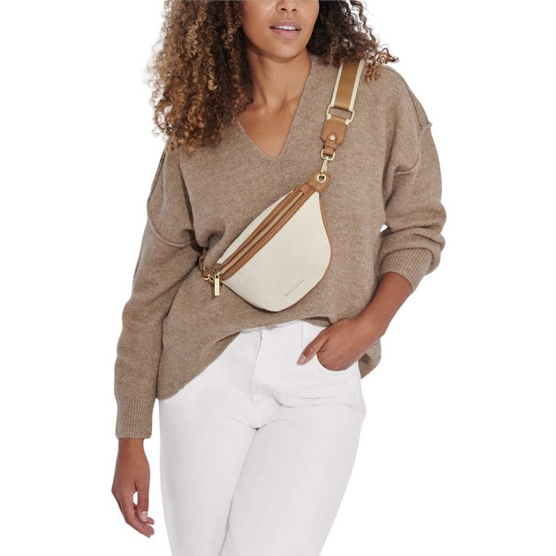 Katie Loxton Capri Canvas Belt Bag in Tan and Off White KLB3382 on model