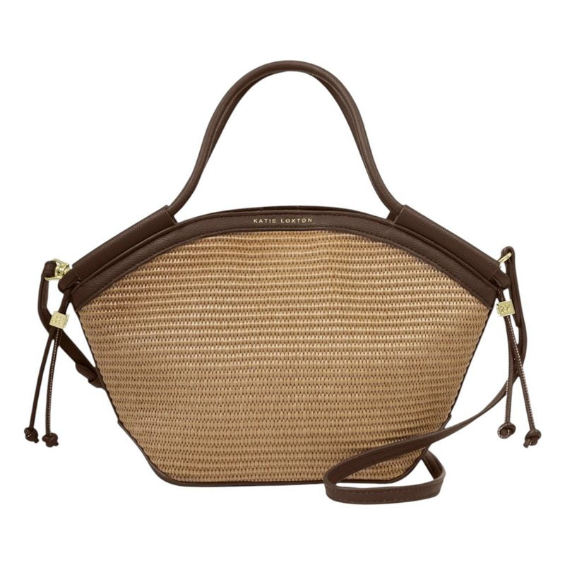 Katie Loxton Florence Mini Tote Bag Natural Raffia Bitter Chocolate KLB4451 front