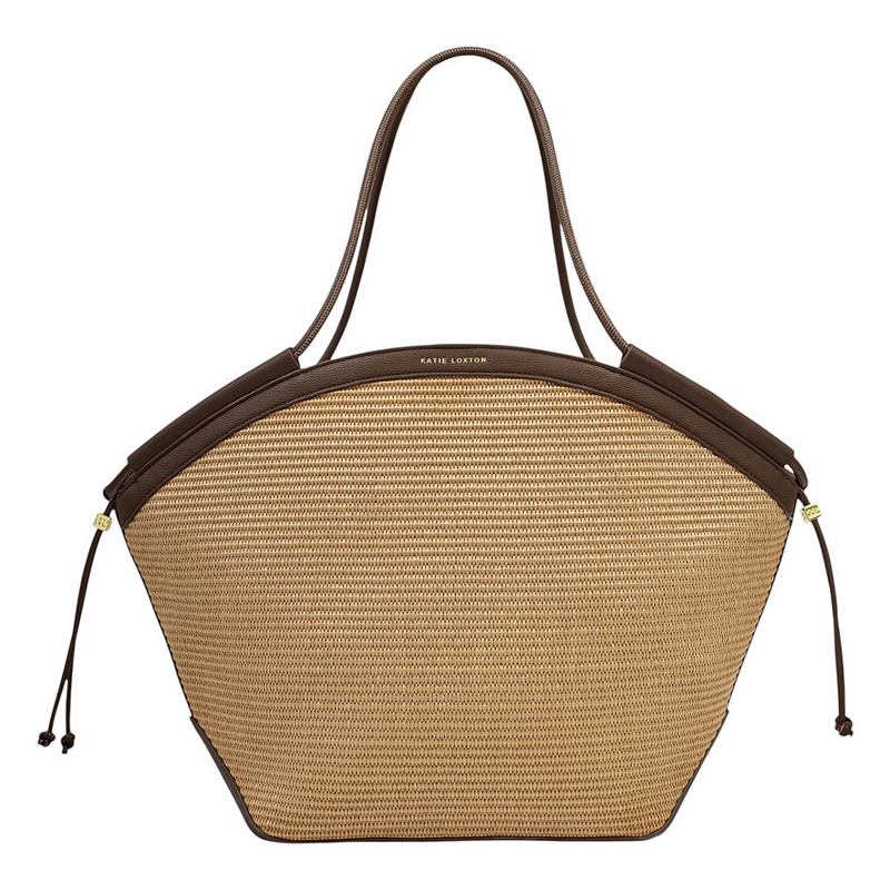 Katie Loxton Florence Tote Bag Natural Raffia Bitter Chocolate KLB4453 front