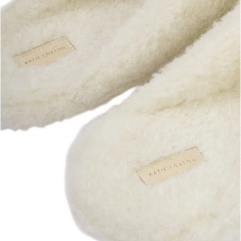 Katie Loxton Gift Boxed Borg Slippers Off White KLS754 label