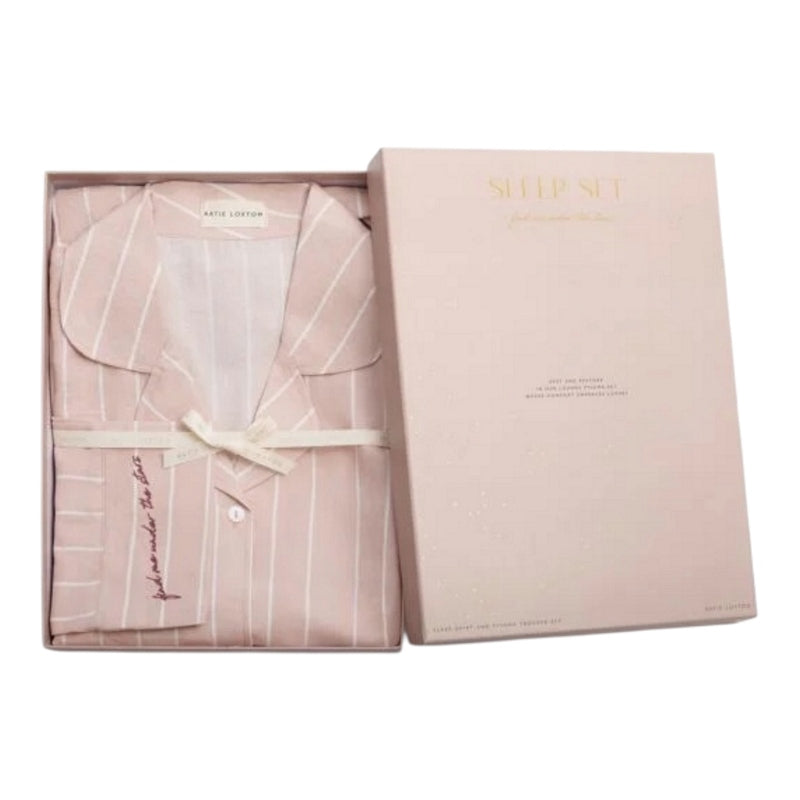 Katie Loxton Gift Boxed Pyjama Set Pink & White Stripe Print KLS751 in box