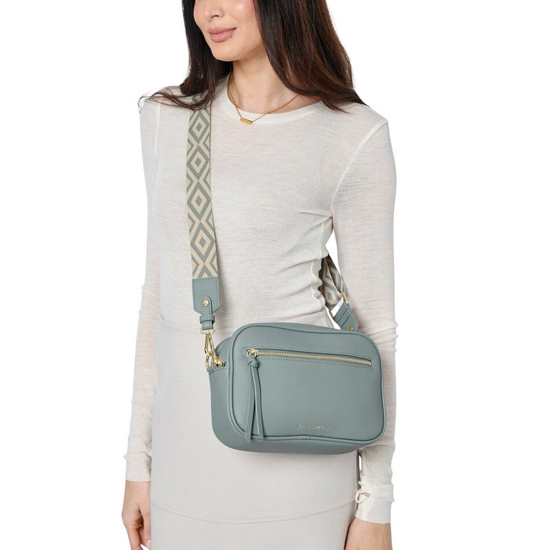 Katie Loxton Hallie Crossbody Bag in Duck Egg Blue Medium KLB3714 on model