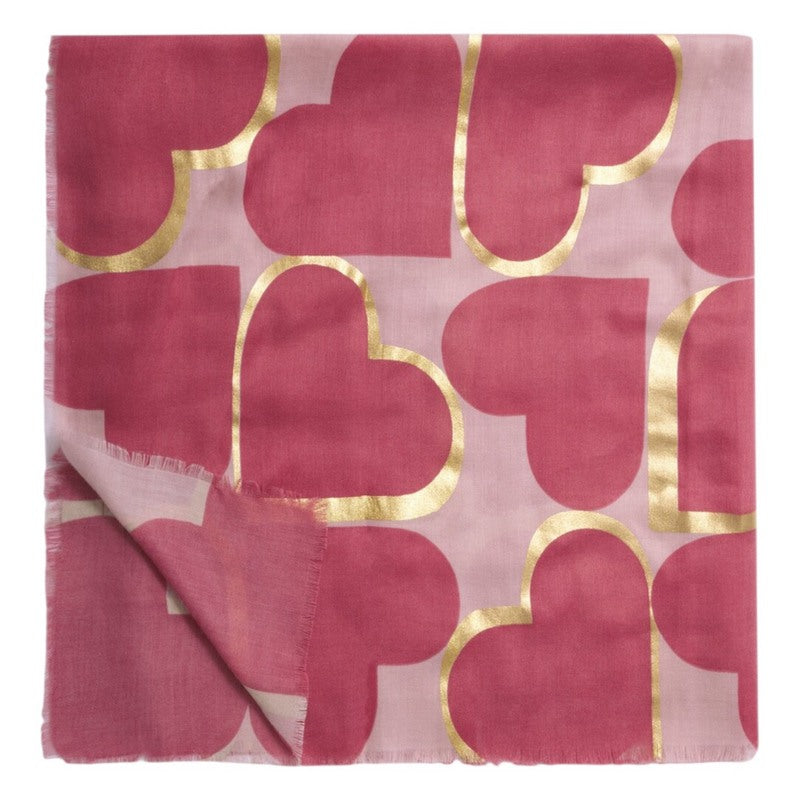 Katie Loxton Heart Tile Printed Scarf Raspberry Pink Gold Foil KLS763 folded